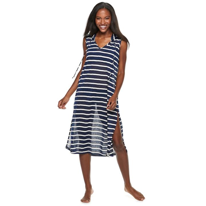 Women's Apt. 9&reg; Striped Hooded Cover-up, Size: Xl, Blue (navy)