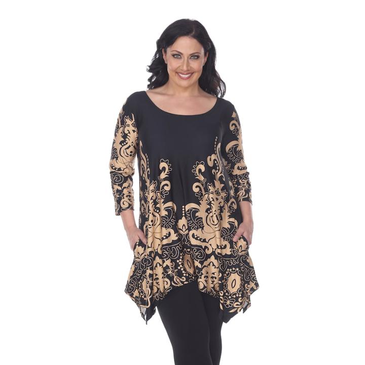 Plus Size White Mark Scroll Shark-bite Tunic, Women's, Size: 1xl, Black Brown