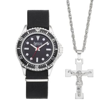 Men's American Exchange Watch & Crucifix Necklace Set, Size: Large, Black