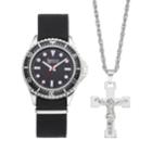 Men's American Exchange Watch & Crucifix Necklace Set, Size: Large, Black