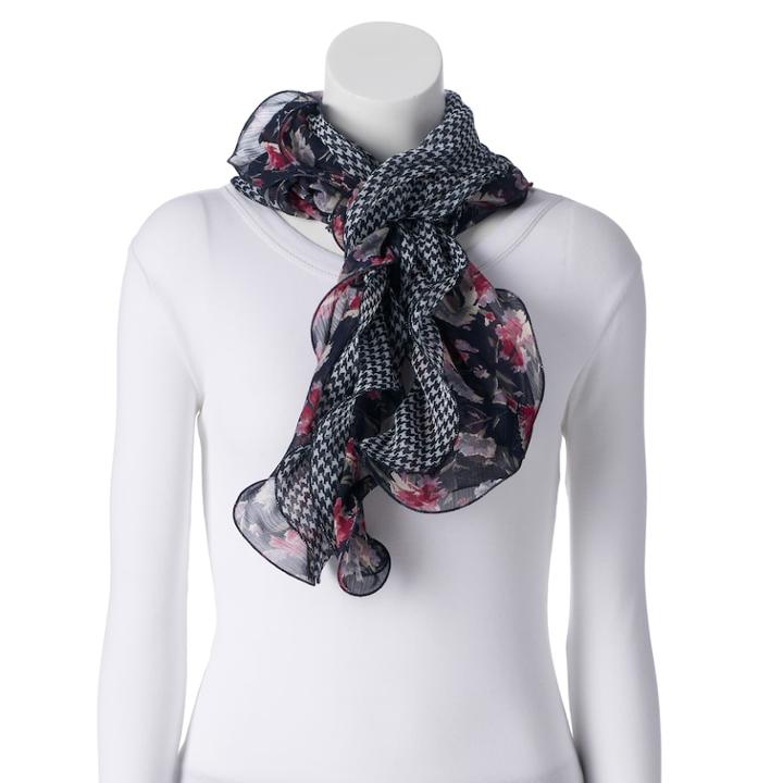 Women's Chaps Ruffled Floral & Houndstooth Reversible Scarf, Blue (navy)