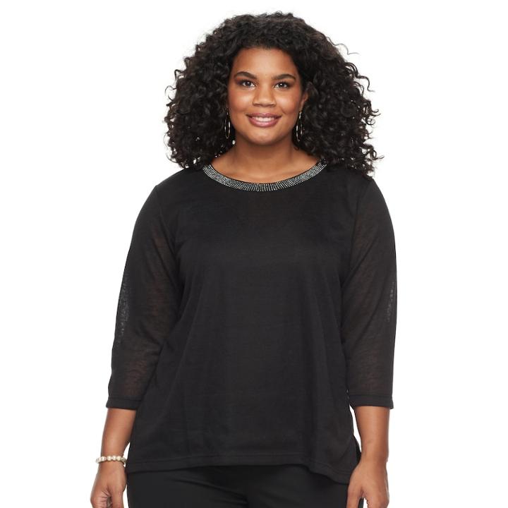 Plus Size Cathy Daniels Embellished Linen Top, Women's, Size: 2xl, Black