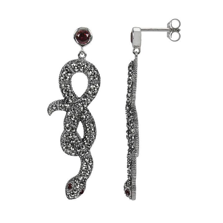 Lavish By Tjm Sterling Silver Garnet Snake Drop Earrings - Made With Swarovski Marcasite, Women's, Red