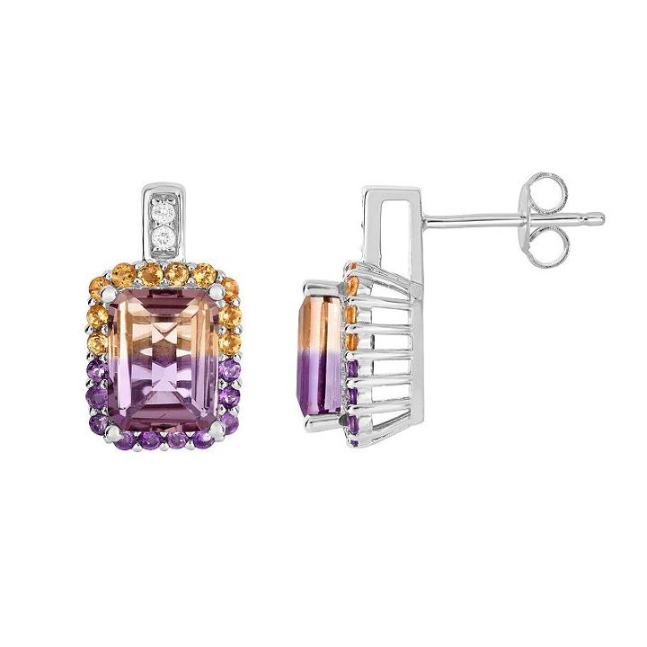 Sterling Silver Ametrine Rectangle Halo Drop Earrings, Women's, Multicolor