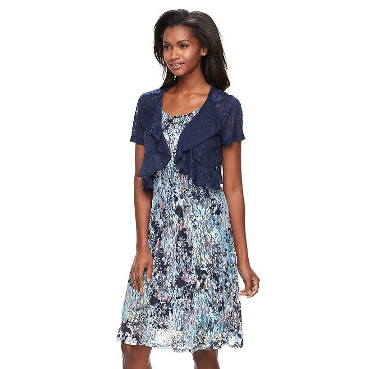Women's Perceptions Ruffle Lace Dress & Shrug Set, Size: Regular, Blue (navy)
