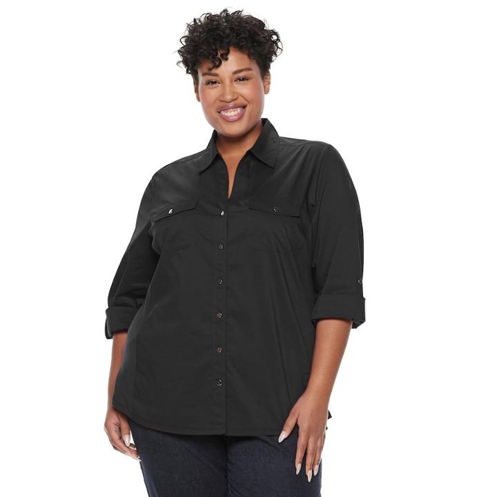 Plus Size Croft & Barrow&reg; Knit-to-fit Roll-tab Shirt, Women's, Size: 3xl, Mineral Black