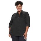 Plus Size Croft & Barrow&reg; Knit-to-fit Roll-tab Shirt, Women's, Size: 3xl, Mineral Black