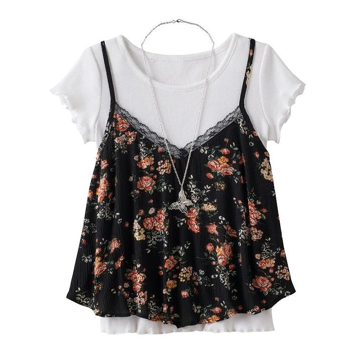 Girls 7-16 Knitworks Floral Tank Top & Ruffled Tee Set With Necklace, Girl's, Size: Small, Black