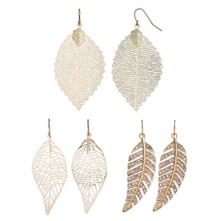 Mudd&reg; Openwork Leaf Drop Earring Set, Women's, Gold