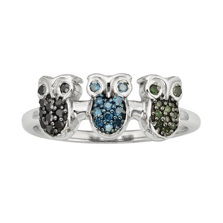 Sterling Silver 1/4-ct. T.w. Green, Blue And Black Diamond Owl Ring, Women's, Size: 8, Multicolor