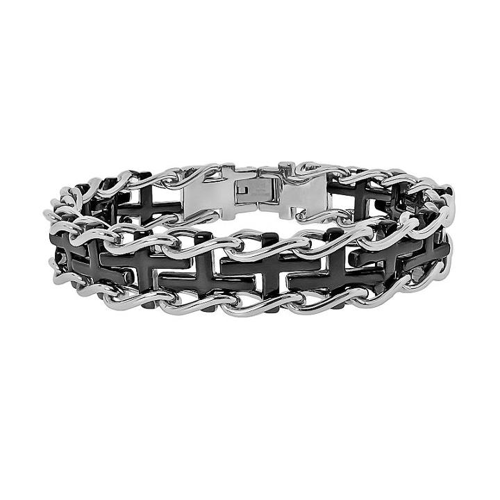 Lynx Stainless Steel Two Tone Sideways Cross Railroad Bracelet - Men, Size: 8.5, Black