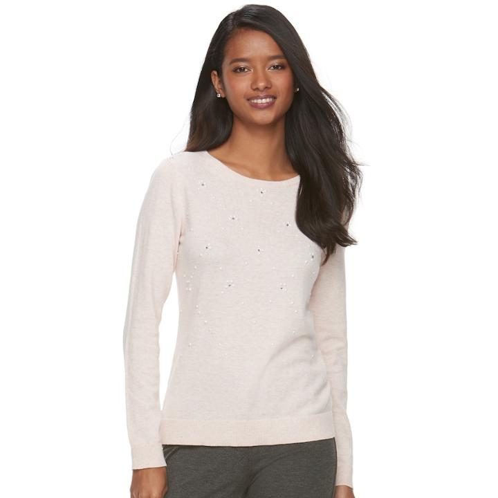 Women's Elle&trade; Embellished Crewneck Sweater, Size: Xs, Light Pink