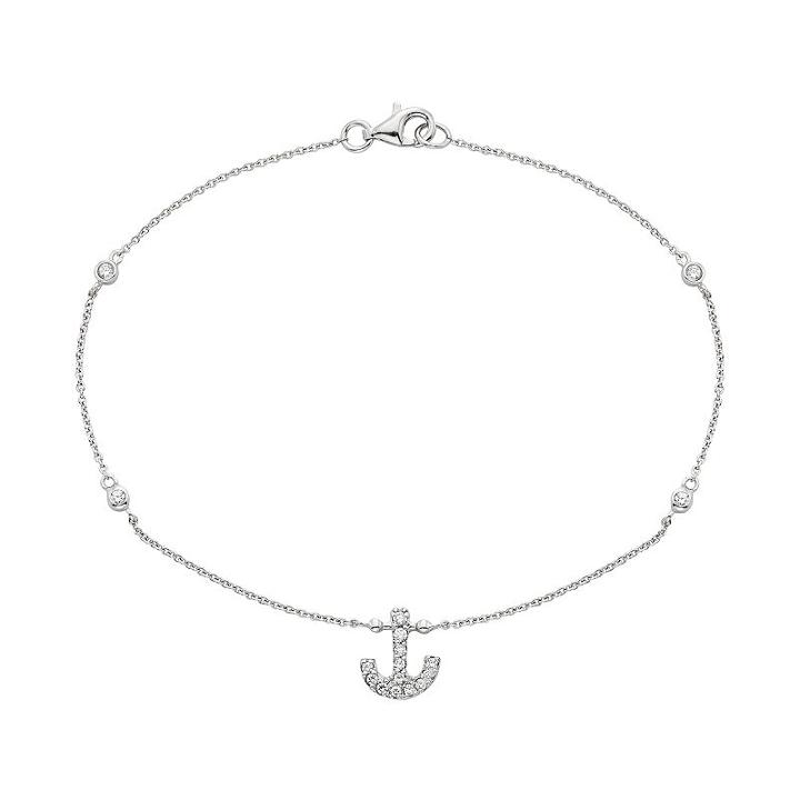 Cubic Zirconia Sterling Silver Anchor Anklet, Women's, Size: 9, White