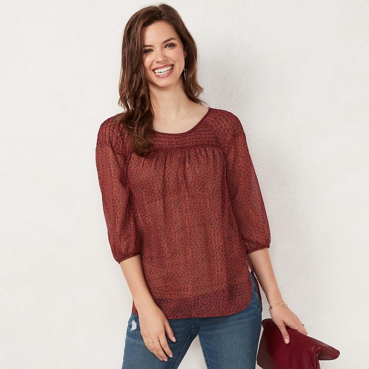 Women's Lc Lauren Conrad Printed Chiffon Peasant Top, Size: Small, Red