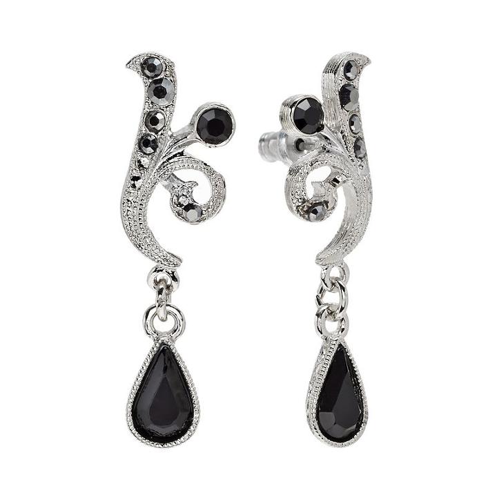 1928 Silver Tone Simulated Crystal Drop Earrings, Women's, Black