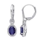 Sapphire 10k White Gold Oval Drop Earrings, Women's