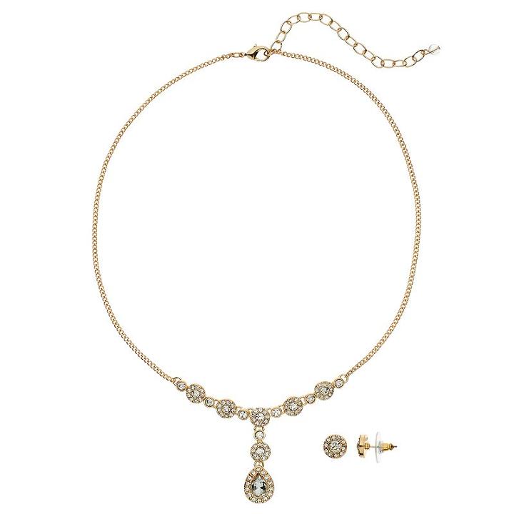 Napier Teardrop Y Necklace & Halo Stud Earring Set, Women's, Gold