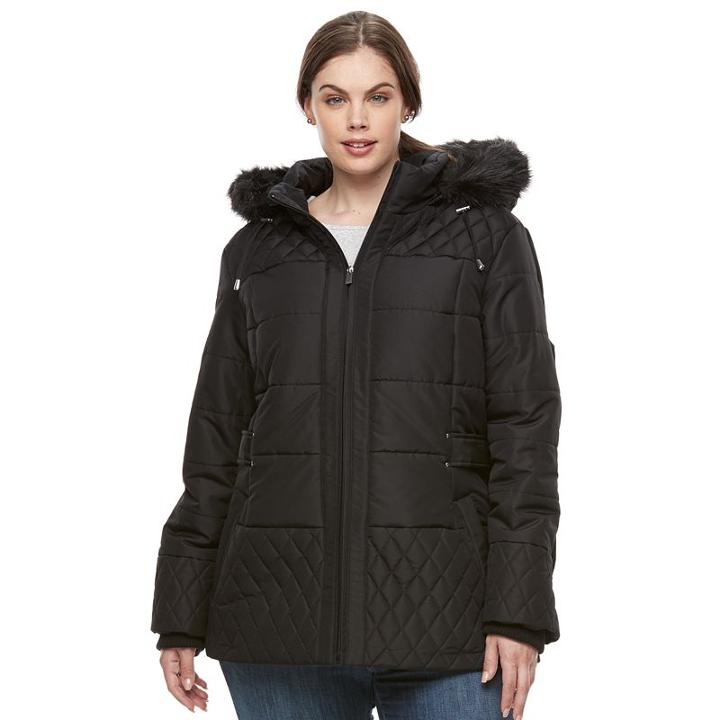 Plus Size Details Faux-fur Quilted Jacket, Women's, Size: 3xl, Black
