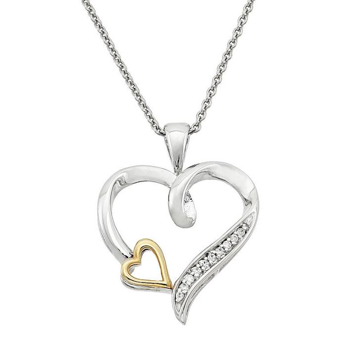 Two Tone Sterling Silver Diamond Accent Heart Pendant, Women's, Size: 18, White