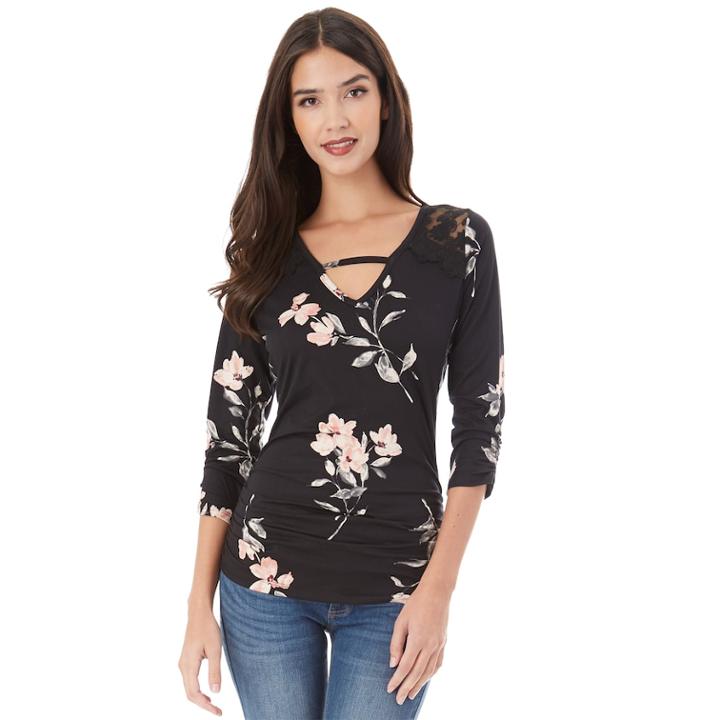 Juniors' Iz Byer Floral Ruched Top, Teens, Size: Medium, Black Floral