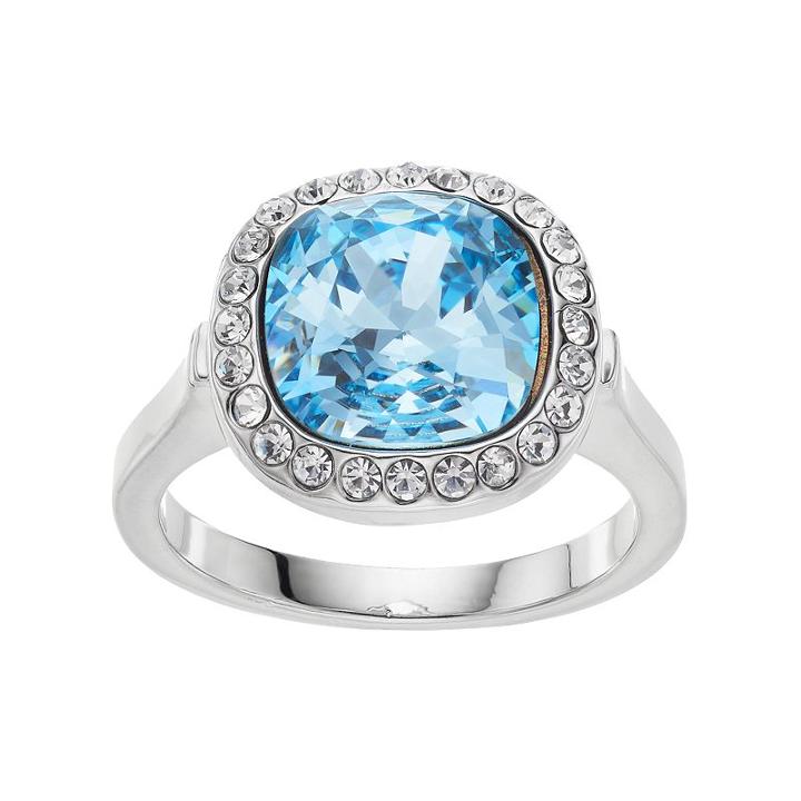 Brilliance Silver Plated Cushion Halo Ring With Swarovski Crystals, Women's, Size: 7, Blue