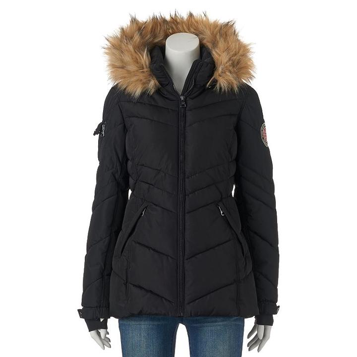 Juniors' Madden Girl Hooded Faux-fur Puffer Jacket, Size: Medium, Black