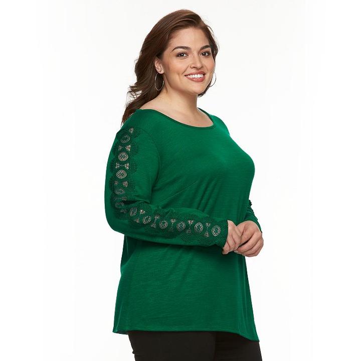 Plus Size Ab Studio Crochet Asymmetrical-hem Sweater, Women's, Size: 3xl, Dark Green