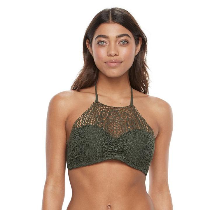 Mix And Match Crochet High-neck Halter Bikini Top, Girl's, Size: Small, Dark Green