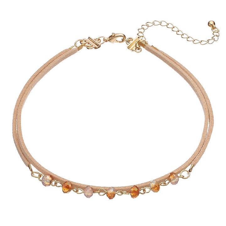 Beaded Link Double Strand Faux Suede Choker Necklace, Women's, Med Pink