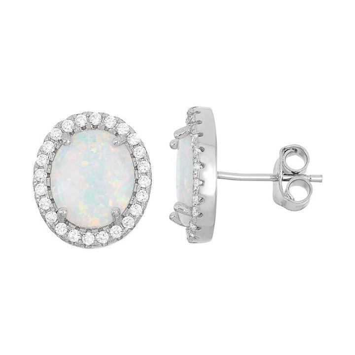 Lab-created Opal & Cubic Zirconia Sterling Silver Oval Halo Stud Earrings, Women's, White