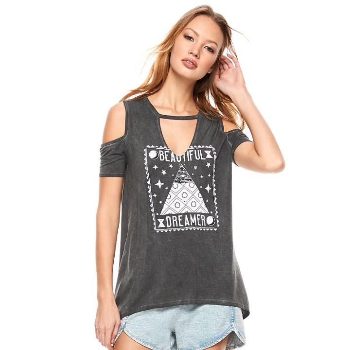 Madden Nyc Juniors' Cold Shoulder Swing Graphic Tee, Girl's, Size: Xl, Oxford