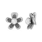 Sterling Silver Simulated Pearl, Simulated Crystal And Marcasite Flower Stud Clip-on Earrings, Women's, Black