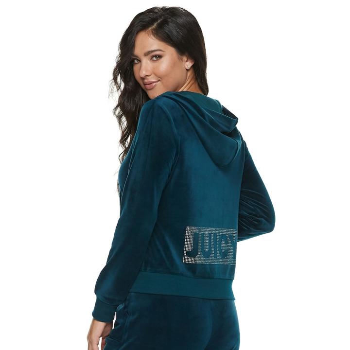 Women's Juicy Couture Graphic Velour Hooded Jacket, Size: Xs, Dark Green