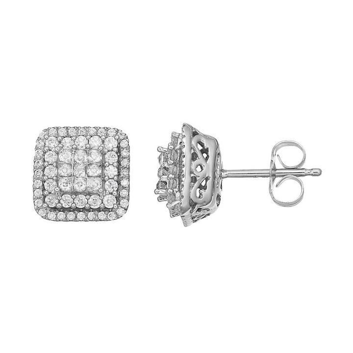 10k White Gold 3/4 Carat T.w. Tiered Square Halo Stud Earrings, Women's
