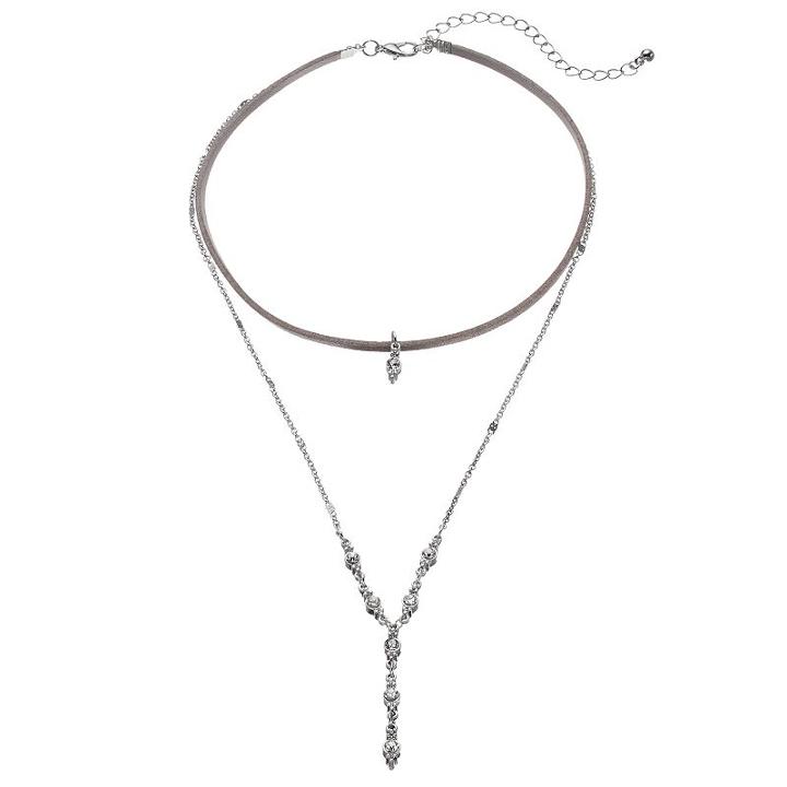 Simulated Crystal Layered Y Choker Necklace, Women's, Silver