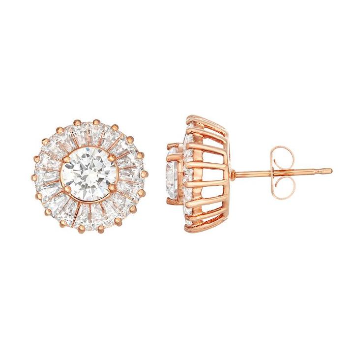 14k Rose Gold Over Silver Lab-created White Sapphire Halo Stud Earrings, Women's