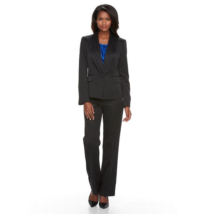 Women's Le Suit Pinstripe Suit Jacket & Pants Set, Size: 14, Light Blue
