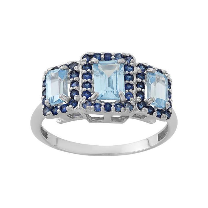 Aquamarine And Lab-created Blue Sapphire Sterling Silver 3-stone Halo Ring, Women's, Size: 6