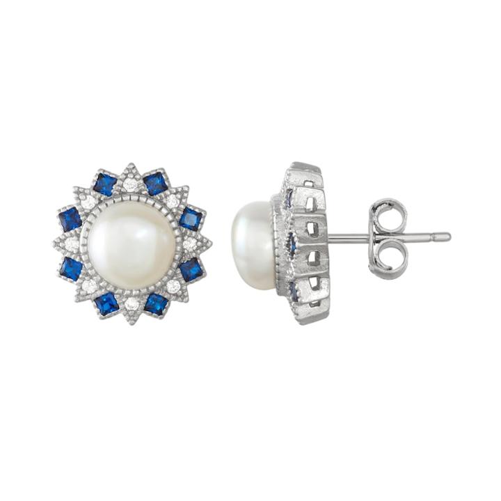 Sterling Silver Freshwater Cultured Pearl & Lab-created Blue Spinel Stud Earrings, Women's, White