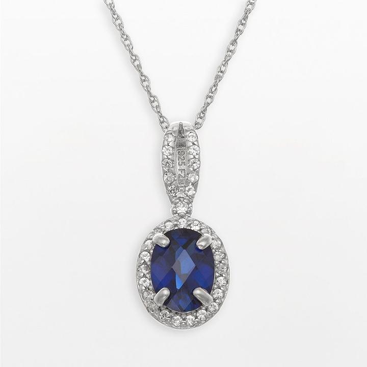 Sterling Silver Lab-created Blue And White Sapphire Oval Halo Pendant, Adult Unisex, Size: 18, Multicolor