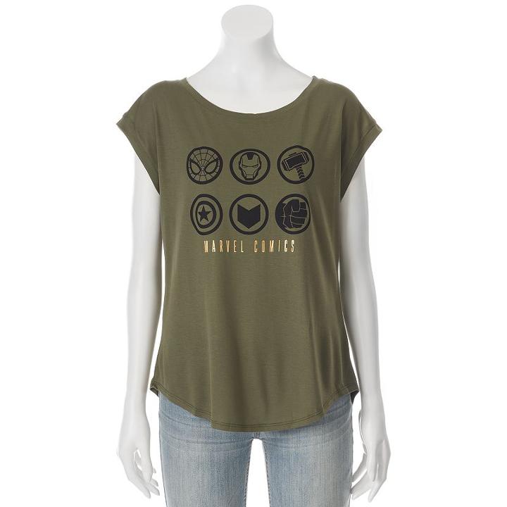 Marvel, Juniors' Avengers Icons Split Back Graphic Tee, Girl's, Size: Xl, Green Oth