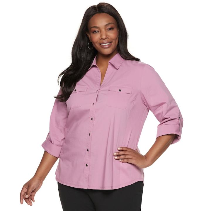 Plus Size Croft & Barrow&reg; Knit-to-fit Roll-tab Shirt, Women's, Size: 1xl, Pink