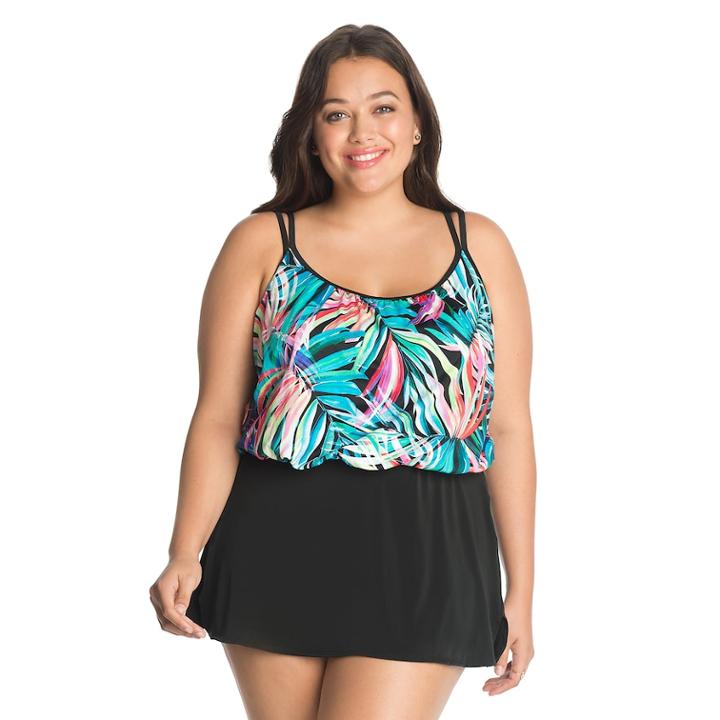 Plus Size Great Lengths Tummy Slimmer Blouson Swimdress, Women's, Size: 18, Festive Fern Multi