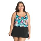 Plus Size Great Lengths Tummy Slimmer Blouson Swimdress, Women's, Size: 18, Festive Fern Multi