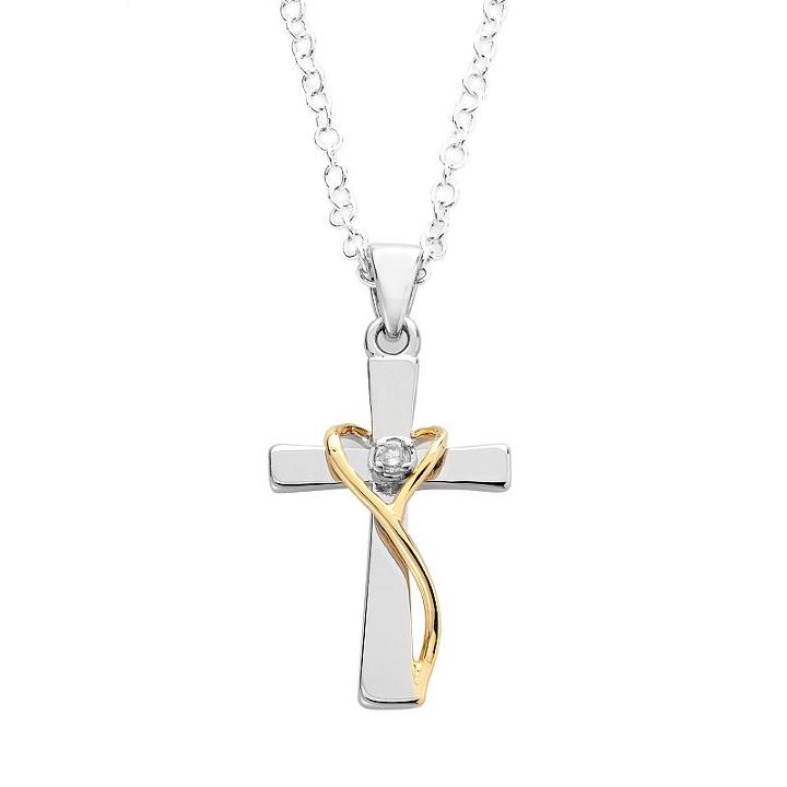 Silver Plated Two Tone Cubic Zirconia Cross Pendant, Women's, White
