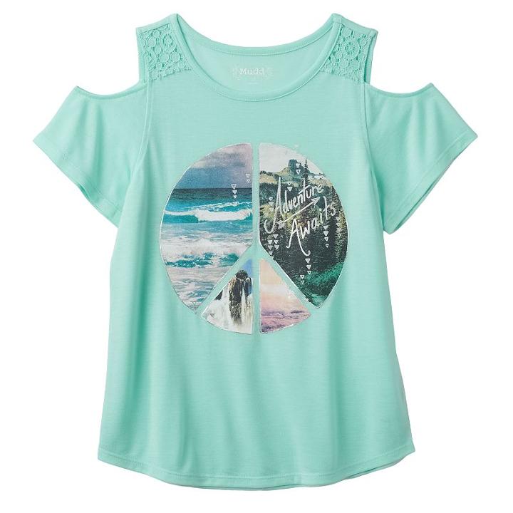 Girls 7-16 Mudd&reg; Crochet Lace Cold Shoulder Graphic Top, Girl's, Size: 14, Brt Green
