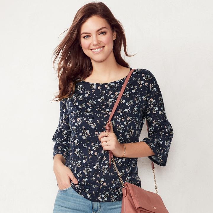 Women's Lc Lauren Conrad Printed Bell Sleeve Top, Size: Xl, Dark Blue
