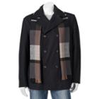Men's Towne Wool-blend Double-breasted Peacoat With Plaid Scarf, Size: Small, Black
