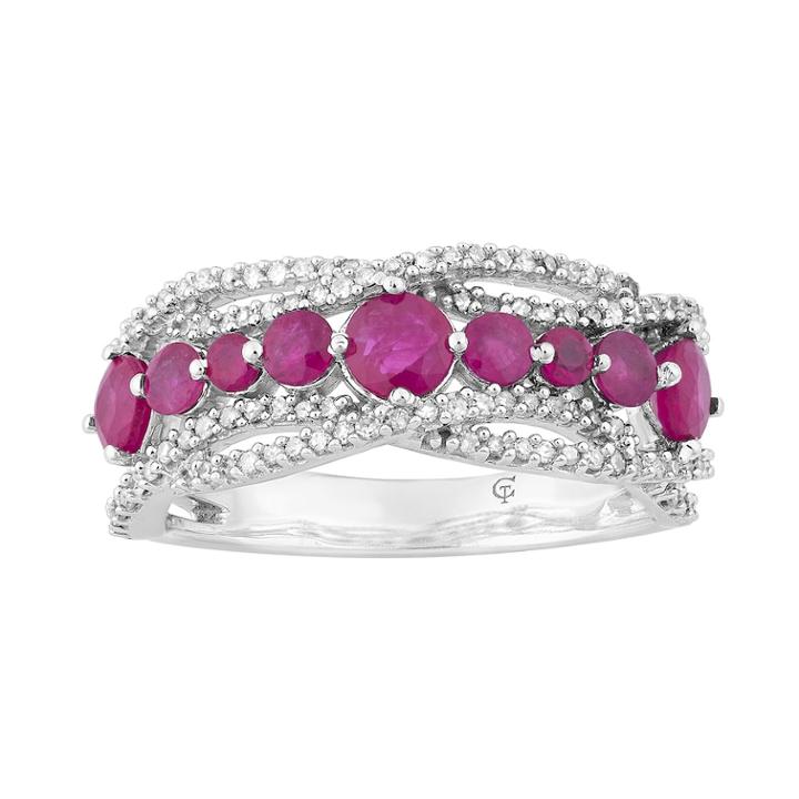 10k White Gold Ruby & 1/3 Carat T.w. Diamond Wave Ring, Women's, Size: 6, Red