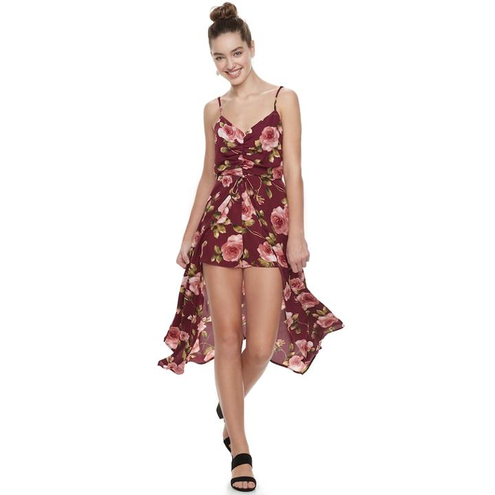 Juniors' Three Pink Hearts Floral Sleeveless Maxi Romper, Teens, Size: Large